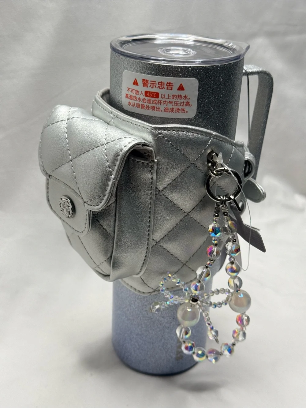 Starbucks Silver Glitter Tumbler with Quilted Pouch & Beaded Charm 16 oz New NWT